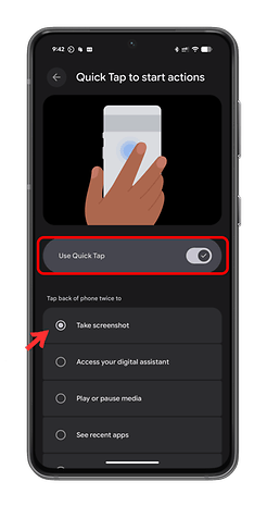 Settings menu showing Quick Tap options for Android with a hand gesture and action selections.