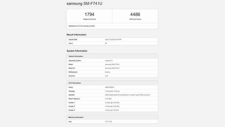 An alleged benchmark of the Samsung Galaxy Z Flip 6 shows a Snapdragon 8 Gen 2 SoC and 12GB of RAM.