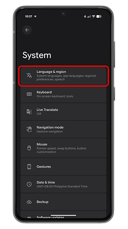 Android system settings screen showing Language & region options.