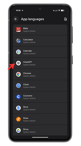 A smartphone screen displaying app language settings with a focus on ChatGPT.