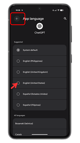 Settings screen showing app language options on an Android device.