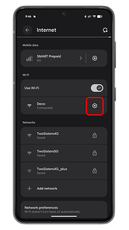 Android settings screen showing Wi-Fi and mobile data options with connected network labeled 'Deco'.