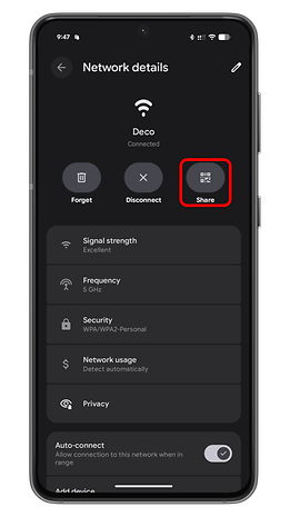 Android phone screen displaying network details with options to forget, disconnect, and share.