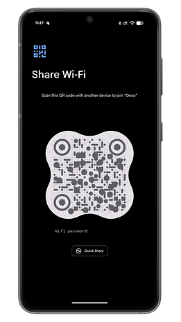 A smartphone screen displaying a QR code to share Wi-Fi. Text prompts to scan the code for network access.