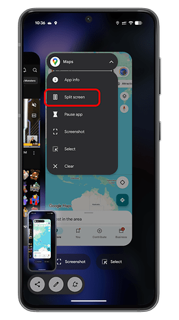 Android device displaying Maps app with a menu showing 'Split screen' option highlighted.