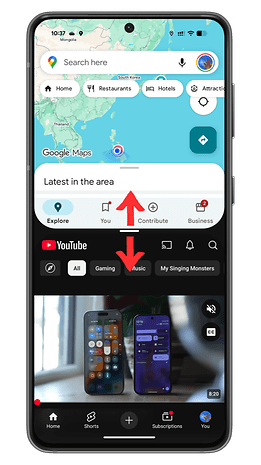 A smartphone displaying Google Maps and YouTube interface, highlighting areas in South Korea and music options.