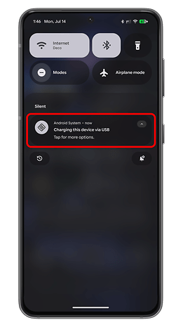 Android notification: Charging this device via USB. Tap for more options.