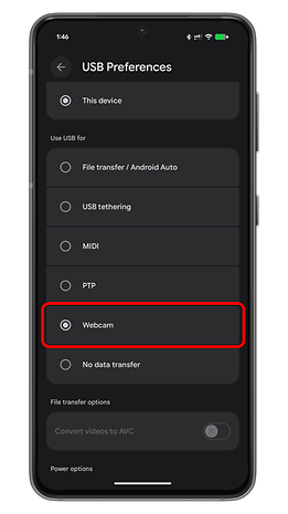 USB Preferences screen showing options for device connection, including 'Webcam' selected.
