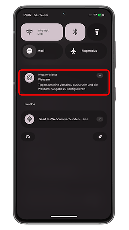 Android phone screen showing webcam service options and settings.
