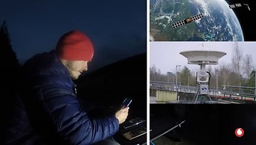 Eine Person mit rotem Hut nutzt nachts ein Telefon, während Satellitenbilder und eine Bodenstation angezeigt werden.