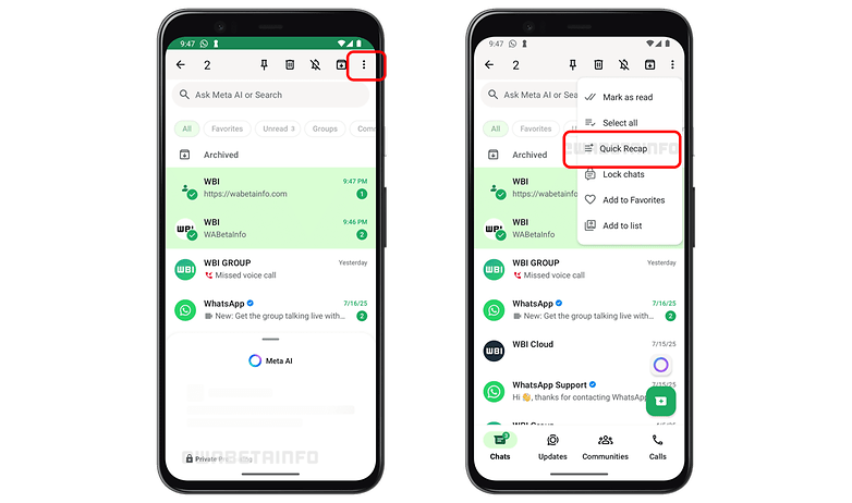 Screenshots of WhatsApp interface showing chats and options like 'Quick Recap'. Screenshots of WhatsApp interface showing chats and options like 'Quick Recap'.