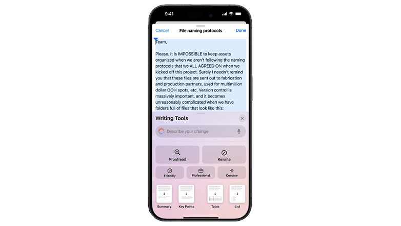 Screenshot zeigt Apples Writing Tools in der iOS 18.1 Beta