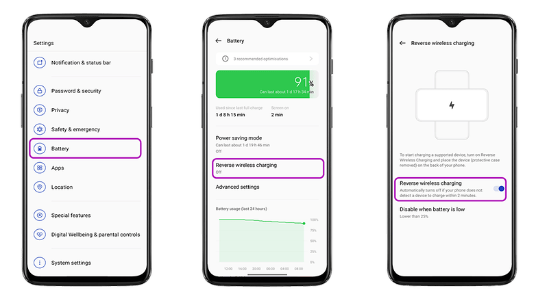 Screenshots show how to activate Reverse Wireless Charging