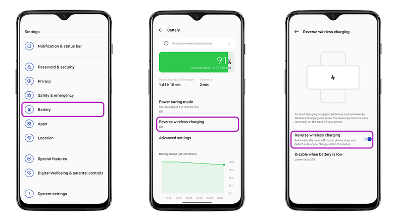 Captures d'écran pour activer la recharge sans-fil inversée sur un smartphone OnePlus