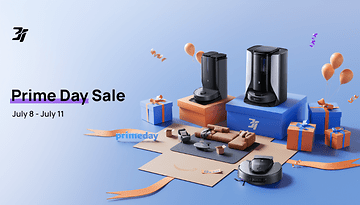 Schwarze und graue Roboterstaubsauger und Reinigungsgeräte auf bunten Geschenkboxen; Text 'Prime Day Sale, 8. - 11. Juli'.