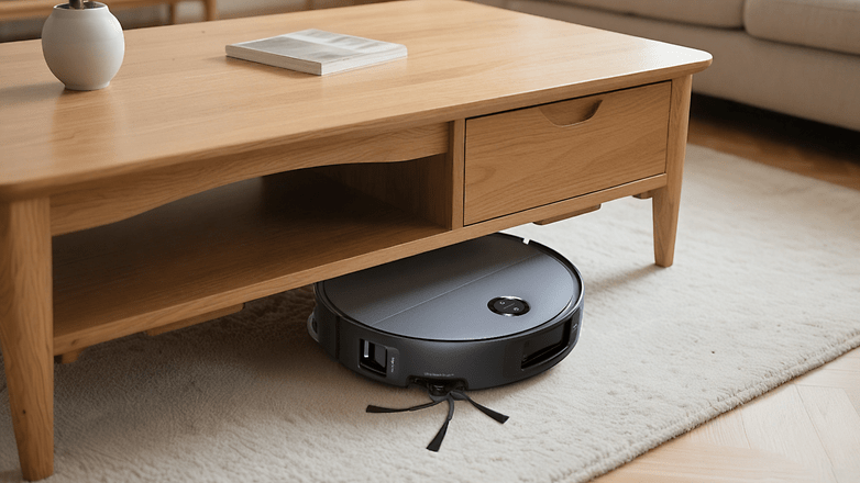 Ein Robotersauger unter einem Holztisch in einem gemütlichen Wohnzimmer. Ein Robotersauger unter einem Holztisch in einem gemütlichen Wohnzimmer.