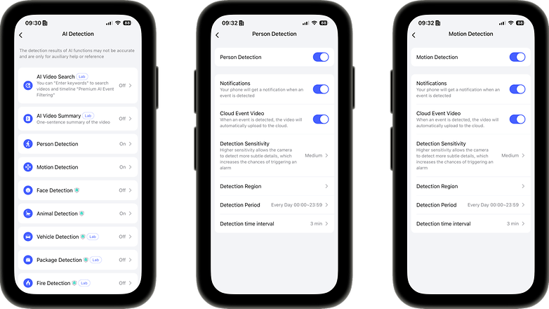 Drei Smartphone-Bildschirme, die Einstellungen für AI Detection-Funktionen anzeigen. Drei Smartphone-Bildschirme, die Einstellungen für AI Detection-Funktionen anzeigen.