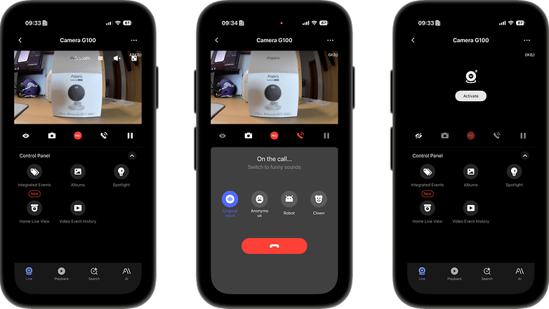 Drei Smartphone-Bildschirme, die die Aqara G100-Kameraoberfläche und das Bedienfeld anzeigen. Drei Smartphone-Bildschirme, die die Aqara G100-Kameraoberfläche und das Bedienfeld anzeigen.