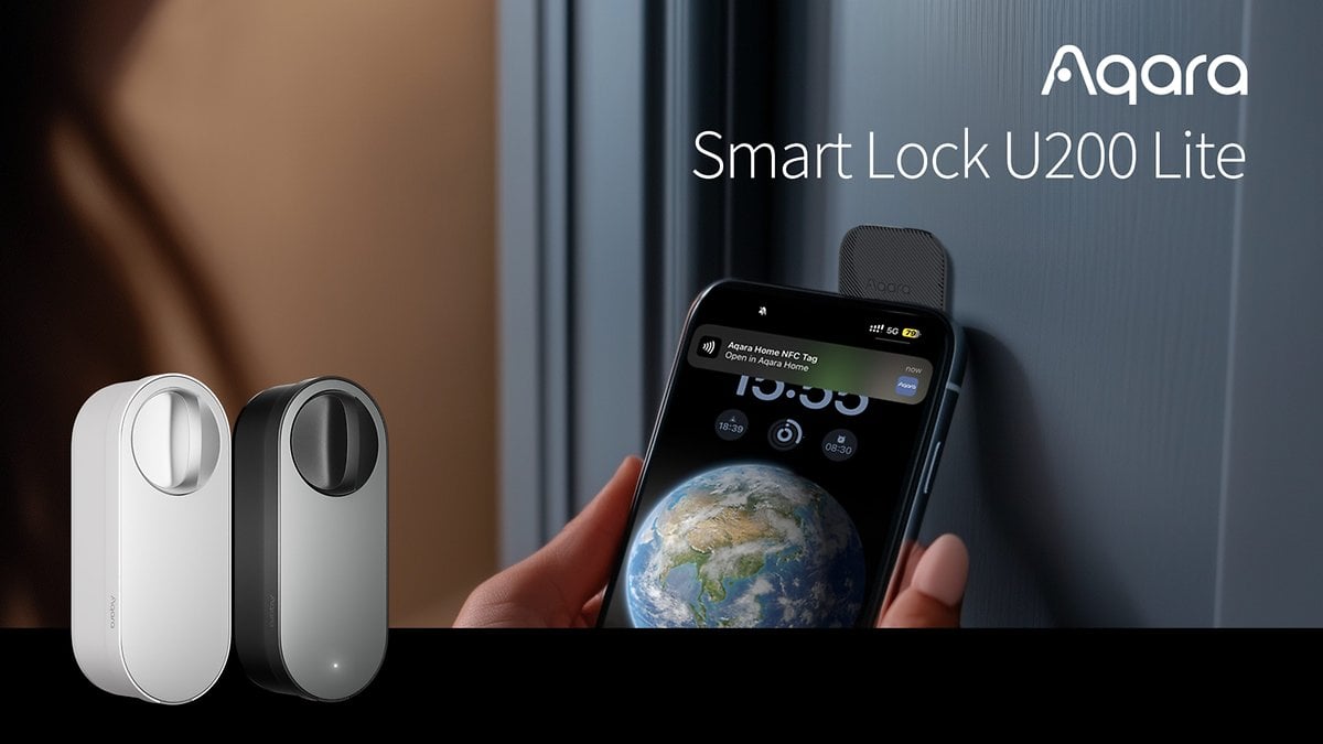 Verrou intelligent Aqara U200 Lite avec deux options de couleur et un téléphone affichant une notification.