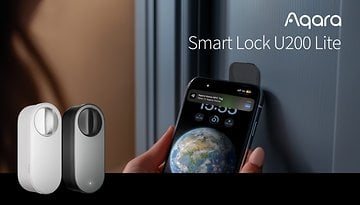 Verrou intelligent Aqara U200 Lite avec deux options de couleur et un téléphone affichant une notification.