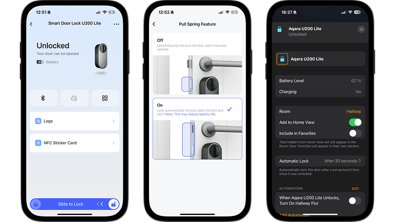 Smart door lock interface displaying unlocked status and battery level.