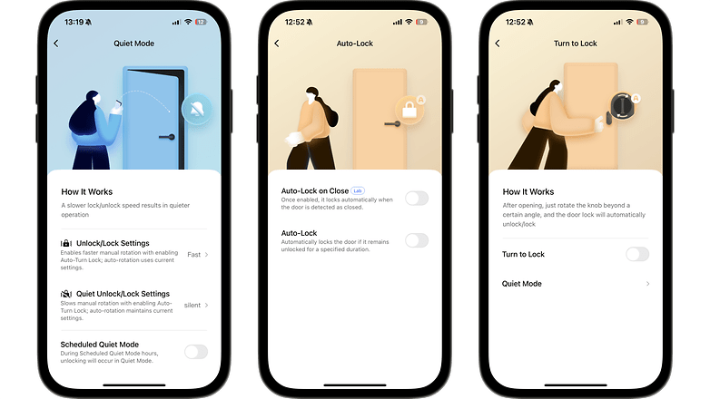 Three smartphone screens displaying settings for the Aqara U200 Lite door lock, including Quiet Mode and Auto-Lock.