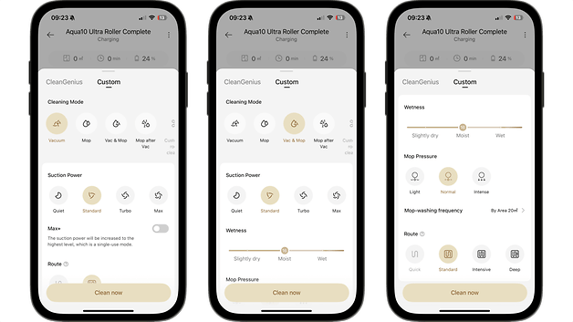 Drei Smartphone-Bildschirme, die die Einstellungen für den Dreame Aqua10 Roller Complete Staubsauger und Mopp anzeigen.