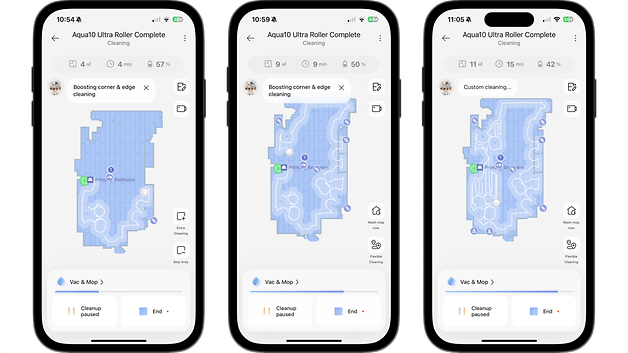Bildschirme, die die Aqua10 Ultra Roller Complete Reinigungs-App mit verschiedenen Karten und Reinigungsstatistiken zeigen.