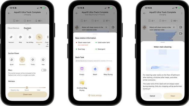 Drei Smartphone-Bildschirme zeigen die Einstellungen der Aqua10 Ultra Track Complete-App.