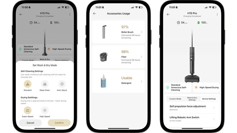 Screenshots der Dreame H15 Pro-App, die den Batteriestatus, die Selbstreinigungseinstellungen und die Zubehörnutzung zeigen. Screenshots der Dreame H15 Pro-App, die den Batteriestatus, die Selbstreinigungseinstellungen und die Zubehörnutzung zeigen.