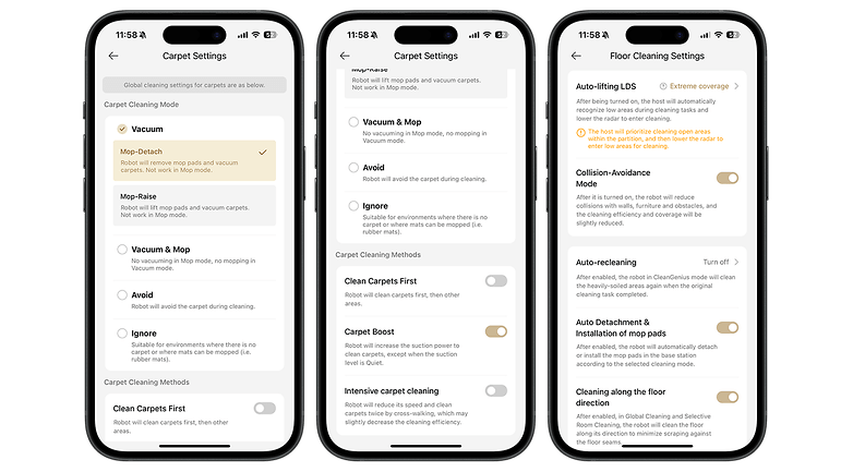 Bildschirme mit Einstellungen für den Dreame X50 Ultra Roboterstaubsauger, einschließlich Teppich- und Bodenreinigungsoptionen.