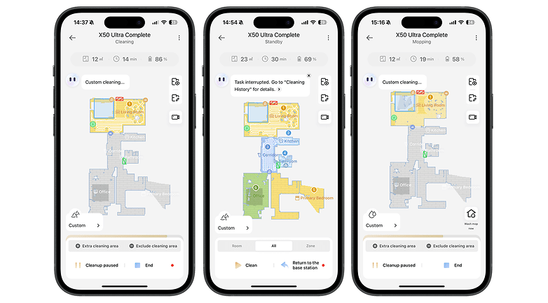 Drei Smartphone-Bildschirme, die die Dreame X50 Ultra-Reinigungs-App mit Karten und Statusdetails anzeigen.