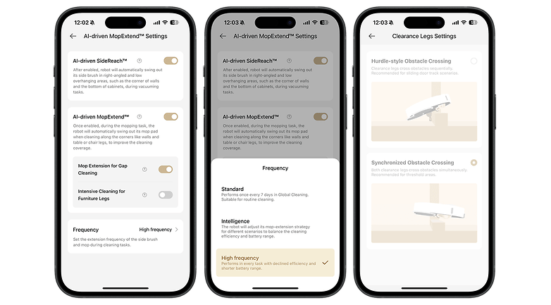 Drei Smartphones zeigen KI-gesteuerte Reinigungseinstellungen für den Dreame X50 Ultra.