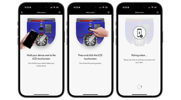 Three smartphone screens displaying steps to pair a Dyson 360 Vis Nav robot with a mobile device.