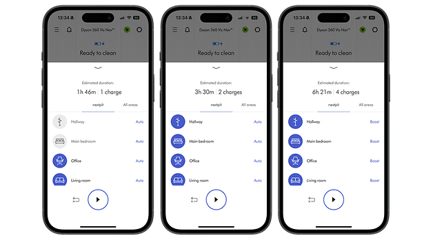 Three smartphones displaying Dyson 360 Vis Nav app with cleaning duration and room options.