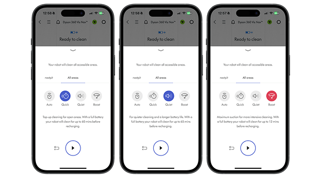 Three smartphone screens displaying the Dyson 360 Vis Nav app with cleaning options and battery status.