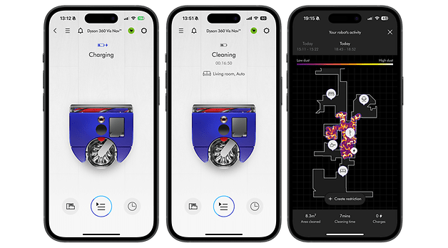 Three smartphone screens showing Dyson 360 Vis Nav app features: Charging, Cleaning, and Robot activity map.