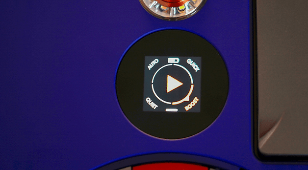 Close-up of a Dyson 360 Vis Nav control panel with buttons for Auto, Quick, Quiet, and Boost.