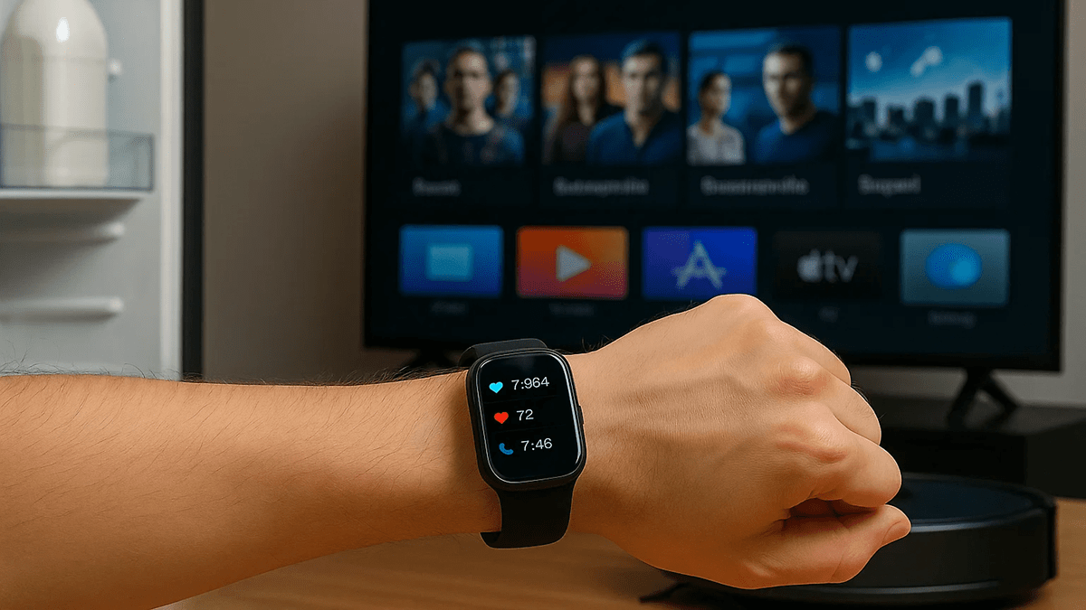 Una mano que lleva un reloj inteligente que muestra la frecuencia cardíaca y los pasos, con un televisor de fondo que muestra varias aplicaciones.