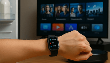 Eine Hand mit einer Smartwatch, die Herzfrequenz und Schritte anzeigt, im Hintergrund ein Fernseher mit verschiedenen Apps.