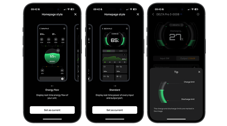 Captures d'écran de l'application EcoFlow Delta Pro 3 montrant le flux d'énergie et les métriques d'utilisation.