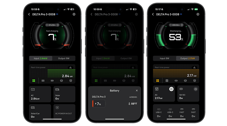 Interface de l'application EcoFlow Delta Pro 3 montrant l'état de la batterie et les métriques de puissance.