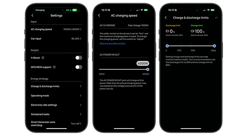 Interface de paramètres pour EcoFlow Delta Pro 3 montrant la vitesse de charge et les limites de décharge.