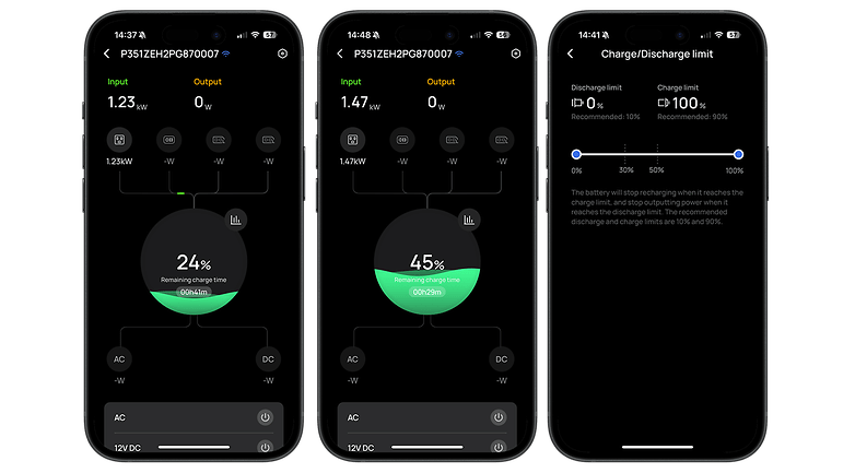 EcoFlow Delta 3 Plus-App-Oberfläche mit Eingabe/Ausgabe und Lademöglichkeiten.