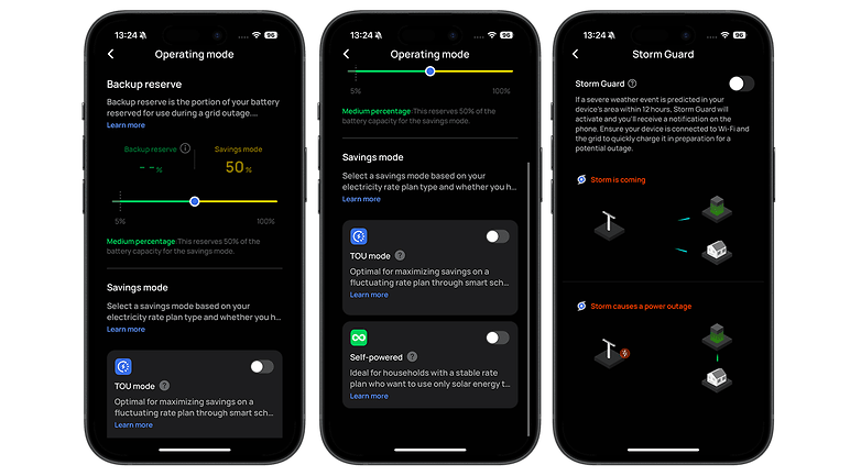 Drei Smartphone-Bildschirme, die die Betriebsmodi des EcoFlow Delta 3 Plus anzeigen: Backup-Reservierung, Sparmodus und Sturmwache.