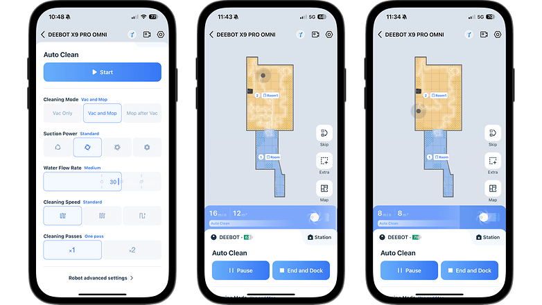 Mobile-App-Oberfläche für Ecovacs Deebot X9 Pro Omni mit Reinigungsoptionen und Kartenlayout. Mobile-App-Oberfläche für Ecovacs Deebot X9 Pro Omni mit Reinigungsoptionen und Kartenlayout.