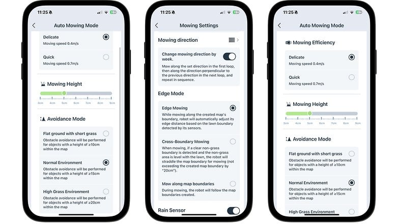 Three smartphone screens displaying settings for Ecovacs Goat A1600 RTK lawn mower. Three smartphone screens displaying settings for Ecovacs Goat A1600 RTK lawn mower.