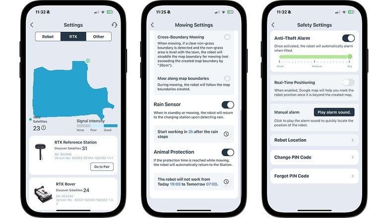 Three smartphone screens displaying settings for the Ecovacs Goat A1600 RTK, including RTK reference and safety options. Three smartphone screens displaying settings for the Ecovacs Goat A1600 RTK, including RTK reference and safety options.