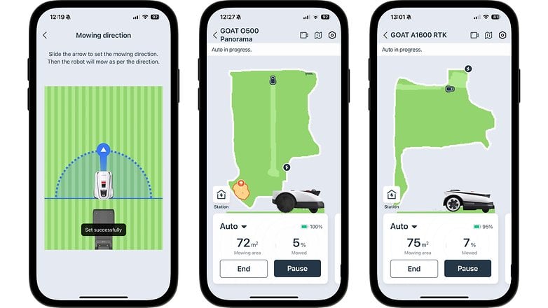 Three smartphone screens displaying mowing progress for Ecovacs Goat A1600 RTK and Goat G500. Three smartphone screens displaying mowing progress for Ecovacs Goat A1600 RTK and Goat G500.
