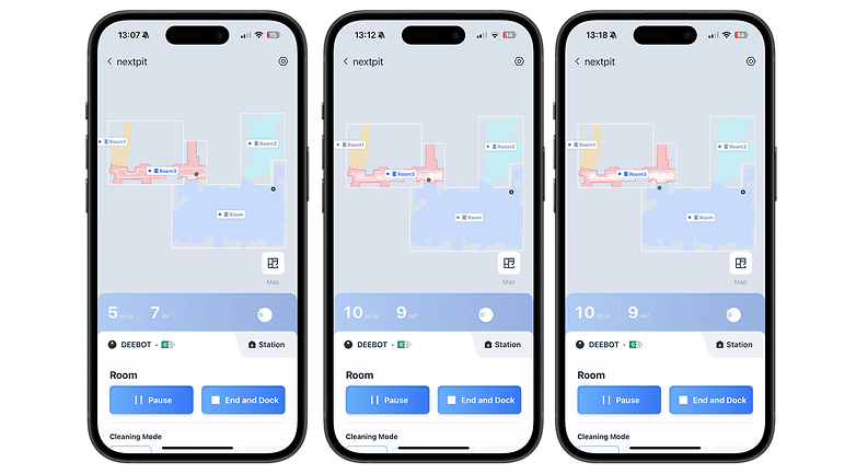 Three smartphones displaying a cleaning map for the Ecovacs Deebot N30 Pro Omni.